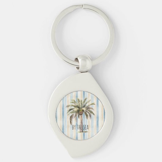 Blue Cream Stripes Tropical Palm Tree Sleutelhanger (Voorkant)