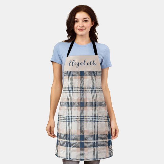Blue Cream Tartan Plaid Custom Name Schort (Gedragen)