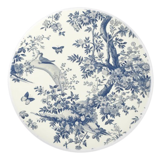 Blue Cream Toile Flowering Branch Keramische Knop (Voorkant)