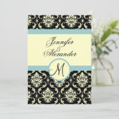 Blue Cream Wedding Monogram Damask Uitnodiging (Staand voorkant)