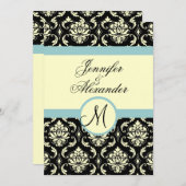 Blue Cream Wedding Monogram Damask Uitnodiging (Voorkant / Achterkant)