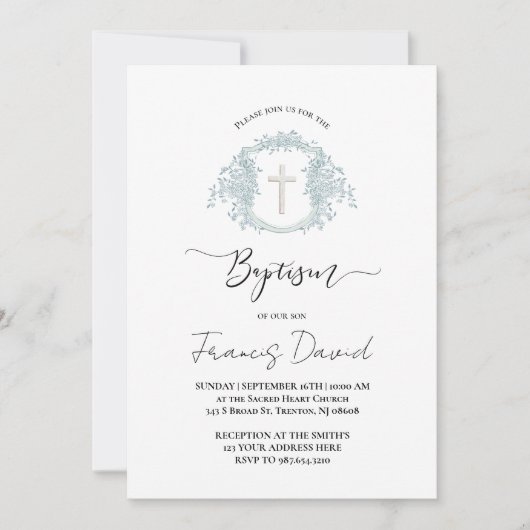 blue crest black script Baptism Invitation (Devant)