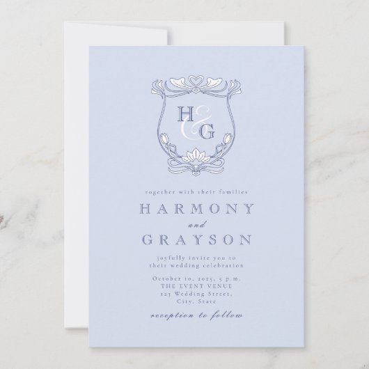 Blue Crest Monogram Bruiloft Kaart (Voorkant)