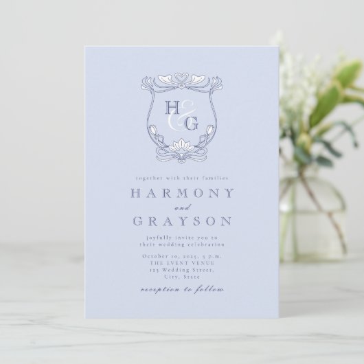 Blue Crest Monogram Bruiloft Kaart (Staand voorkant)