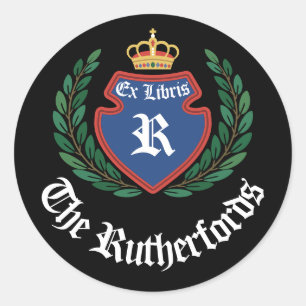  Blue Crest Monogram Kroonkrans Ex Libris Ronde Sticker