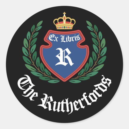  Blue Crest Monogram Kroonkrans Ex Libris Ronde Sticker (Voorkant)