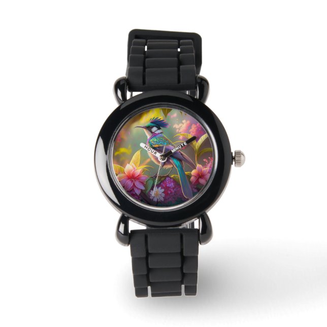 Blue Crested Rainbow Gevleugelde Sunbird Fantasy B Horloge (Voorkant)