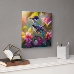 Blue Crested Rainbow Gevleugelde Sunbird Fantasy B Vierkante Klok