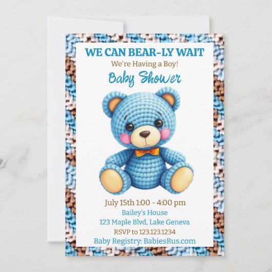 Blue Crocheted Teddy Bear Boy's Baby Shower Kaart (Voorkant)