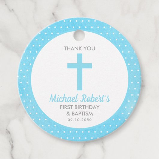 Blue Cross Boy Baptism First Birthday Dank je Bedankjes Labels (Voorkant)