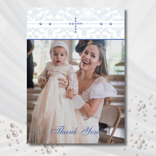 Blue Cross Christian Baptism Photo Thank You Card Bedankkaart