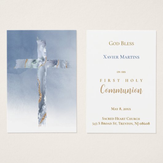 Blue cross First Communion remembrance card (Devant & derrière)