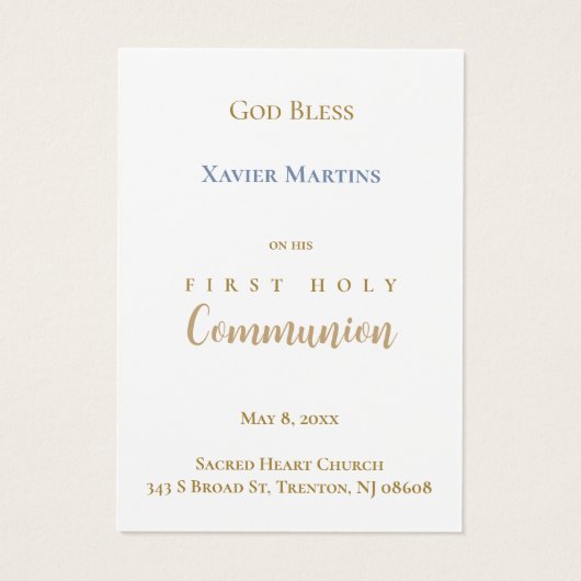 Blue cross First Communion remembrance card (Dos)