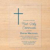 blue cross First Holy Communion boy Acryl Uitnodigingen (Voorkant)