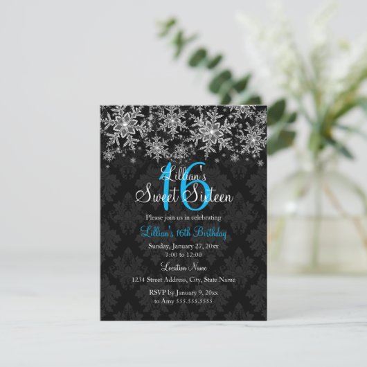 Blue Crystal Snowflake Sweet 16 Uitnodiging (Staand voorkant)