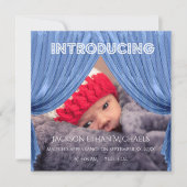 Blue Curtain Inleiding Geboorteaankondiging Kaart (Voorkant)