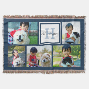 Blue Custom Monogrammed 5 Photo Afbeelding Collage Deken