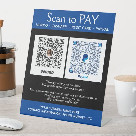 Blue Custom PayPal Venmo Pay Reclamebord Met Voetstuk (Insitu)