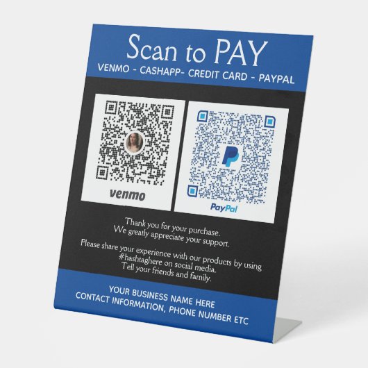 Blue Custom PayPal Venmo Pay Reclamebord Met Voetstuk (Voorkant)