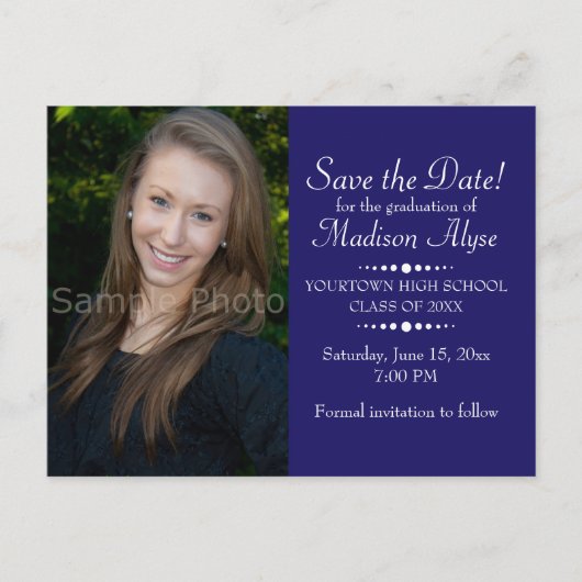 Blue Custom Photo Afstuderen Save the Date Briefkaart (Voorkant)