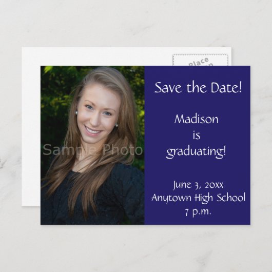 Blue Custom Photo Afstuderen Save the Date Kaart (Voorkant / Achterkant)