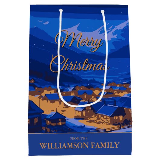 Blue Custom Winter Village Kerstmis Medium Cadeauzakje (Achterkant)