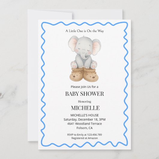 Blue Cute Baby Elephant Baby Shower Invitation (Devant)