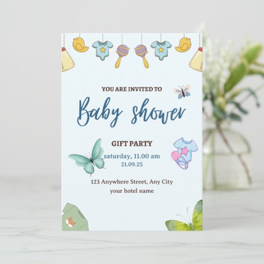 Blue Cute Baby shower Invitation Kaart (Staand voorkant)