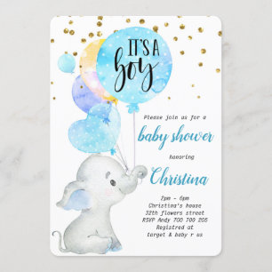 Blue Cute Elephant Baby Boy Showballon Kaart
