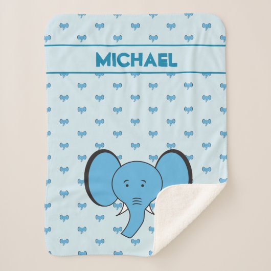 Blue Cute Elephant Illustratie met naam Sherpa Deken (Voorkant)