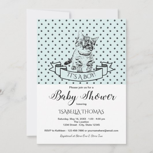 Blue Cute Kitten Baby shower Invitation (Devant)