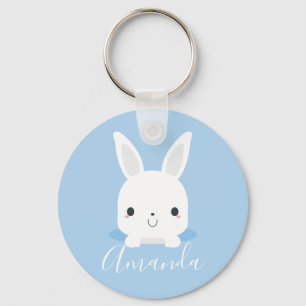 Blue Cute Little Bunny Rabbit met aangepaste naam Sleutelhanger