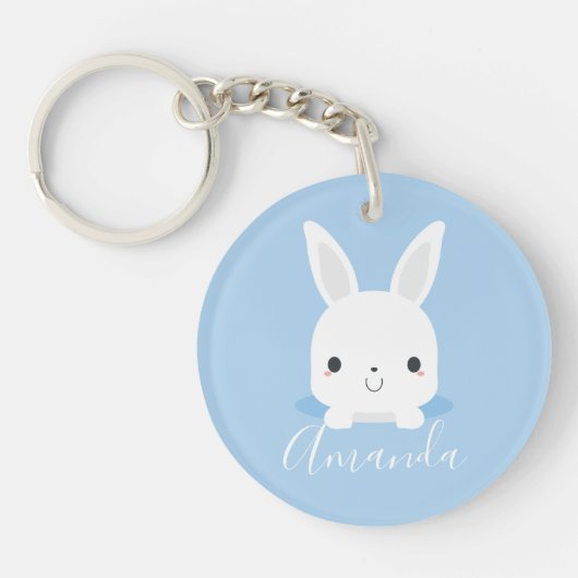 Blue Cute Little Bunny Rabbit met aangepaste naam Sleutelhanger (Voorkant)