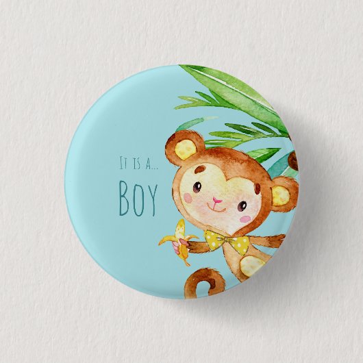 Blue Cute Monkey Baby Boy Announcement 2 Ronde Button 3,2 Cm (Voorkant)