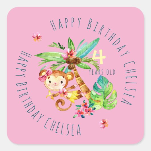 Blue Cute Monkey Personalized Happy Birthday Vierkante Sticker (Voorkant)