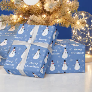 Blue Cute Snowman Snowflake Merry Kerstry Cadeaupapier