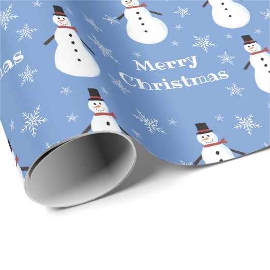 Blue Cute Snowman Snowflake Merry Kerstry Cadeaupapier (Rol Hoek)