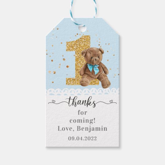 Blue Cute Teddy Bear 1e verjaardag Cadeaulabel (Voorkant)