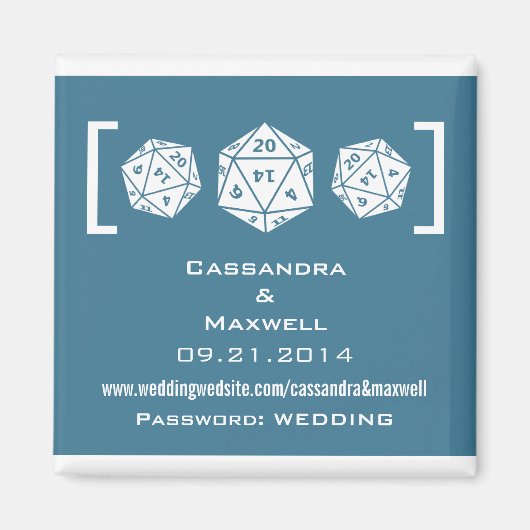 Blue D20 Dice Gamer Mariage Info Magnet v2 (Devant)