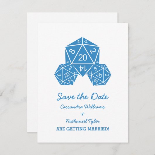 Blue D20 Dice Save the Date Briefkaart (Voorkant / Achterkant)