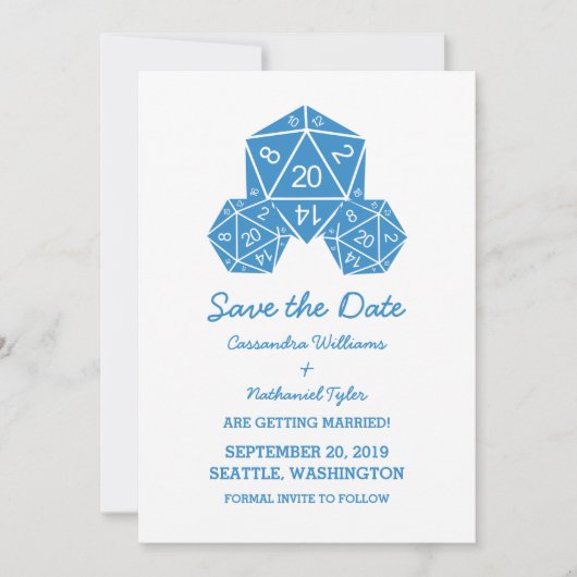 Blue D20 Dice Save the Date Invite Kaart (Voorkant)