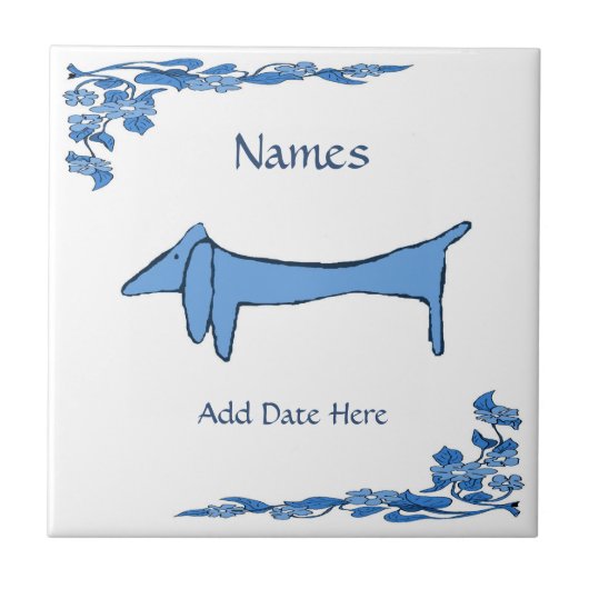 Blue Dachshund Tile, Dutch Kijk, Personalize Tegeltje (Voorkant)