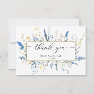 Blue Dainty Wild Flowers Gold Lijst Rustiek Huweli Bedankkaart