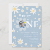 Blue Daisy First 1st Birthday Photo invitation (Devant)