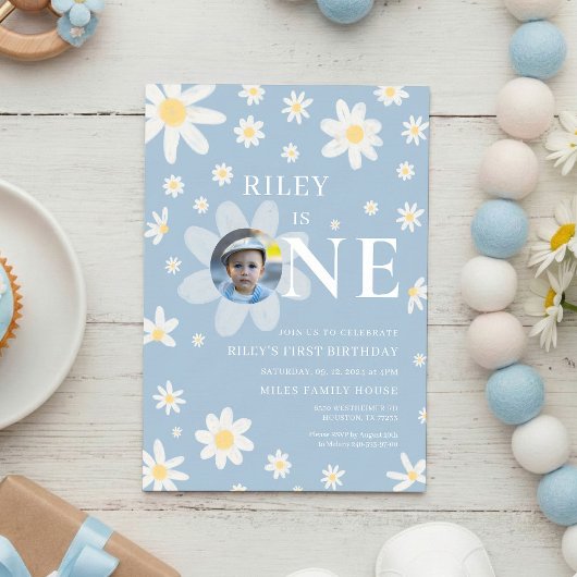 Blue Daisy First 1st Birthday Photo invitation