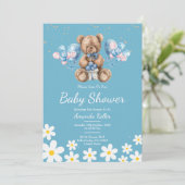 Blue Daisy Teddy Bear-Baby shower Kaart (Staand voorkant)