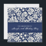 Blue Damask 60th Birthday Party Invitations<br><div class="desc">Personnalisé 60e anniversaire invitations de fête en bleu marine foncé élégant et crème de blanc classique motif floral damask. Ajoutez votre nom et les détails de votre fête pour une invitation unique et élégante à la fête du 60e anniversaire.</div>