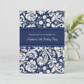 Blue Damask 75th Birthday Party Invitations Kaart (Staand voorkant)