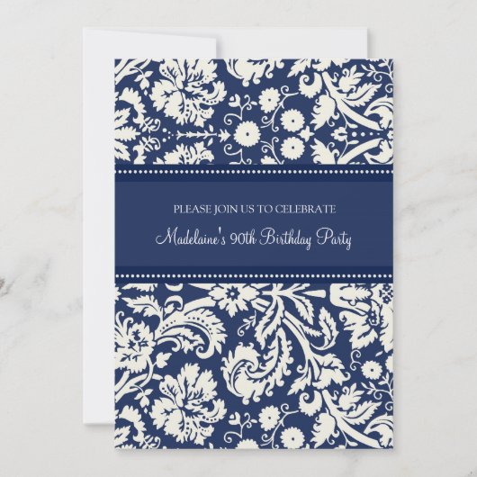 Blue Damask 90th Birthday Party Invitations Kaart (Voorkant)