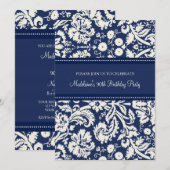 Blue Damask 90th Birthday Party Invitations Kaart (Voorkant / Achterkant)